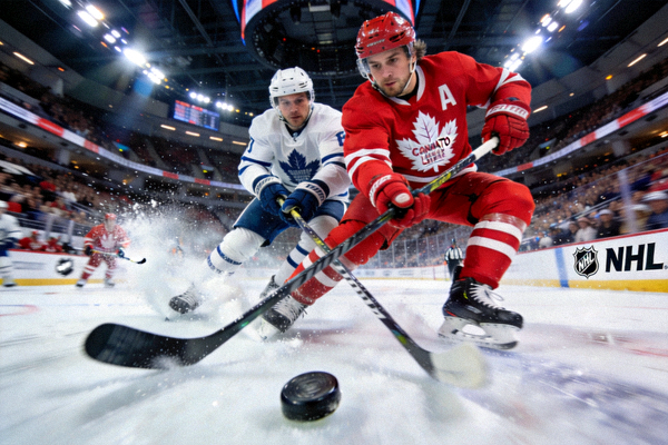NHL比赛现场，枫叶队球员在进攻中与对手激烈争抢冰球的画面
