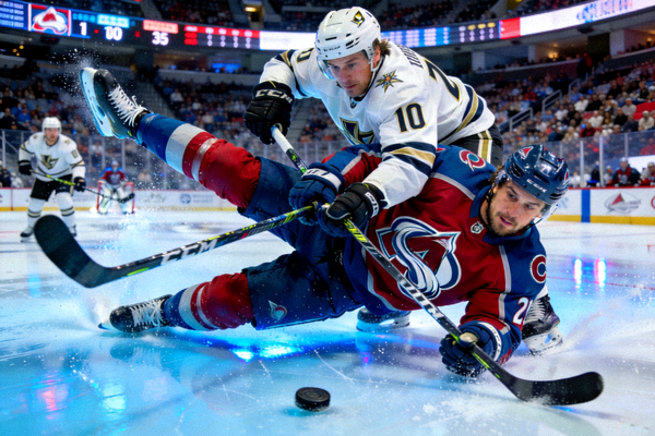 NHL比赛中，雪崩队球员在进攻时与对手发生身体对抗的场景