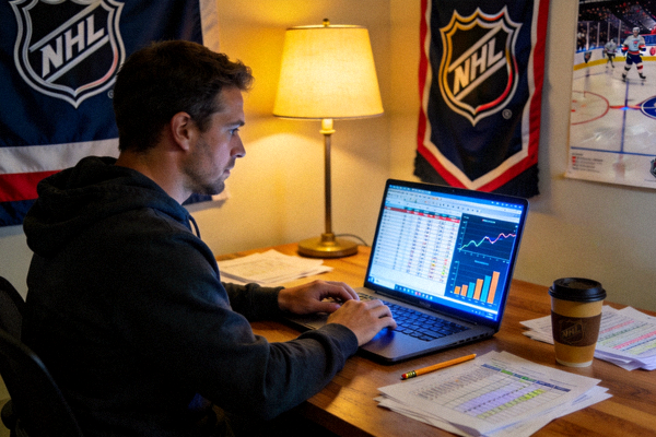 NHL数据分析师在电脑前研究比赛数据和统计图表的场景